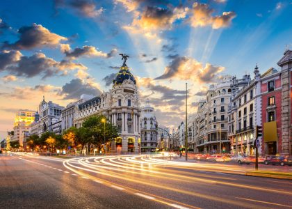 Madrid, Spain cityscape at Calle de Alcala and Gran Via.