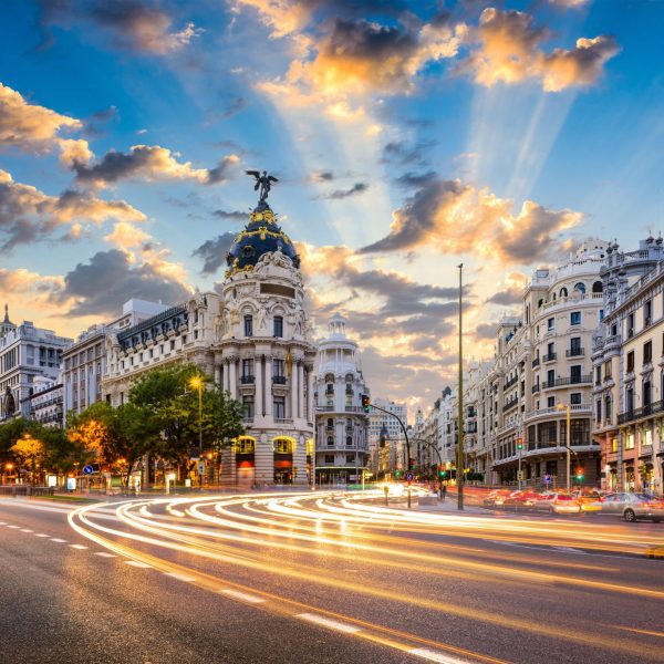 Madrid, Spain cityscape at Calle de Alcala and Gran Via.