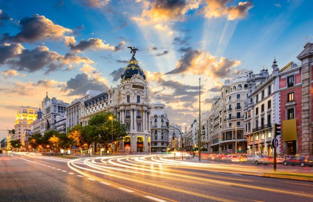 Madrid, Spain cityscape at Calle de Alcala and Gran Via.