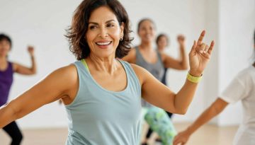 Happy mature woman dancing with energy in a zumba class, promoti