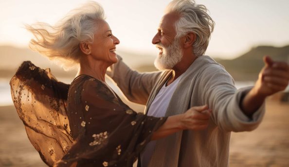 A portrait of an older couple with grey hair having fun and laughing on a beach