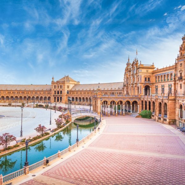 Spain, Seville. Spain Square, a landmark example of the Renaissance Revival style in Spanish architecture