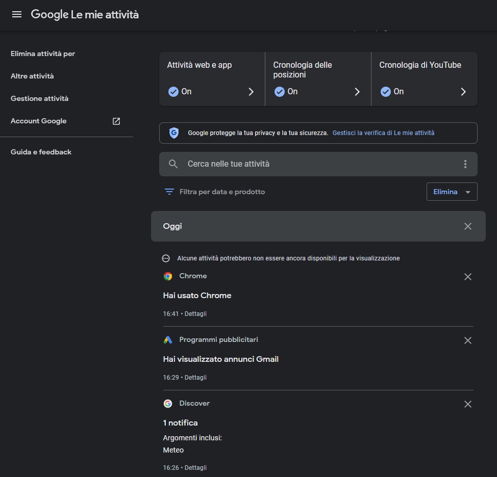 Come eliminare le attività salvate su siti, app e servizi Google