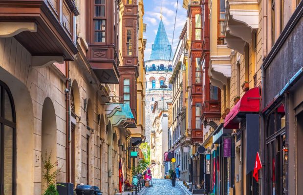 Galata Tower in Istanbul, view from the narrow street